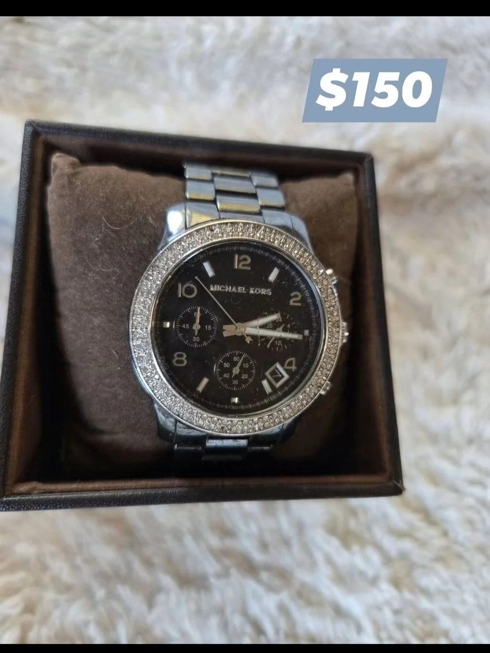 Michael Kors Black Dial Silver-Tone Crystal Bezel Women's Watch